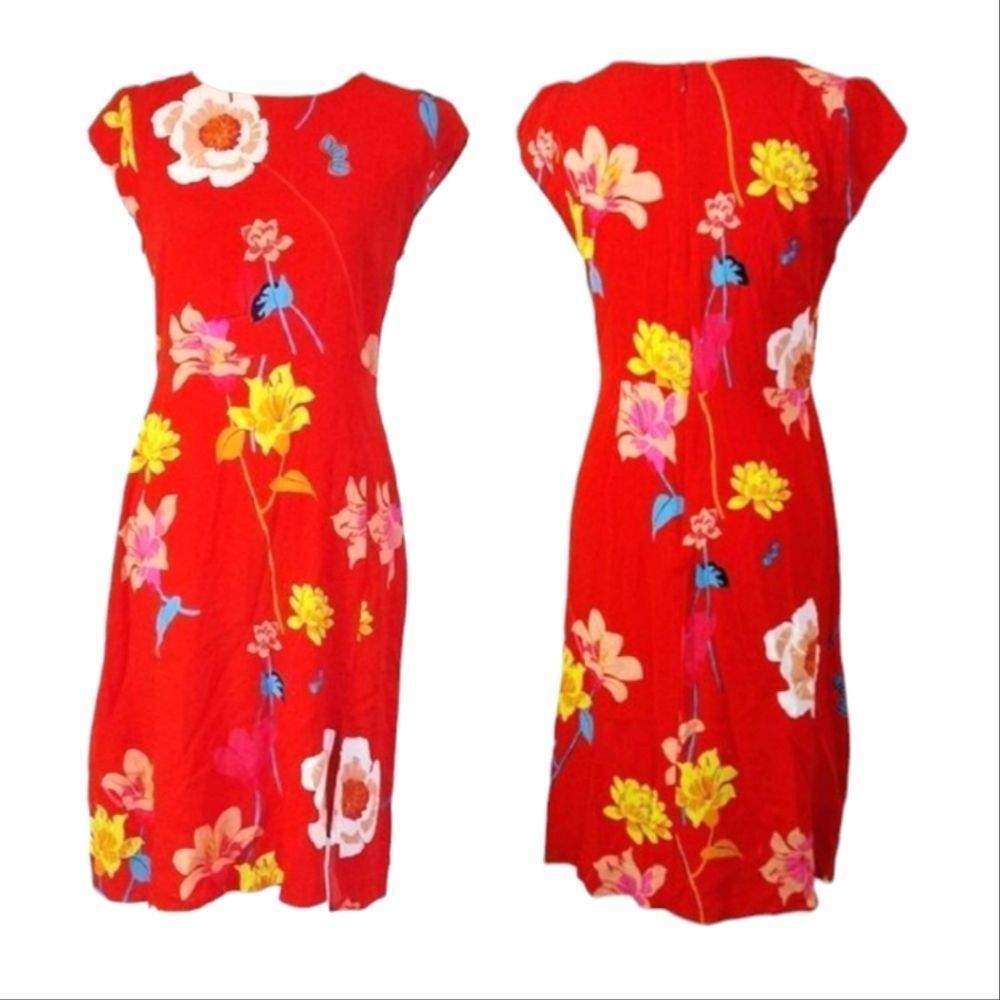 LOFT Orange Red Lily Floral Cap Sleeve Side Slit Midi Dress SMALL - Picture 4 of 16